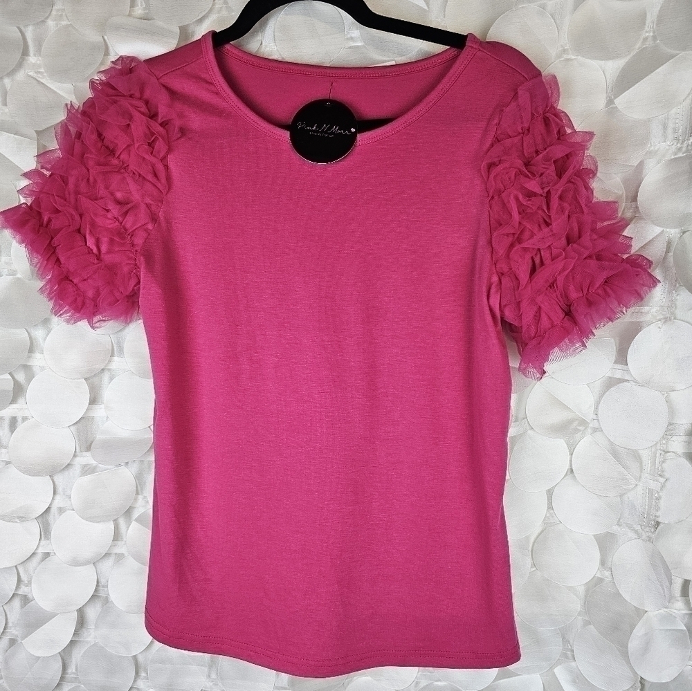 Hot Pink Ruffle Sleeve Tee – Statement Shoulder Top‎ (S, M, L) - Picture 4 of 4
